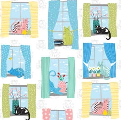 Whiskers Cats In Windows 28020 Z White Quilting Treasures