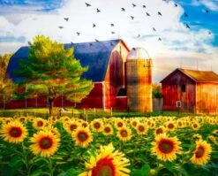 Sunflowers And Barn Digital Panel AL38900C1, David Textiles
